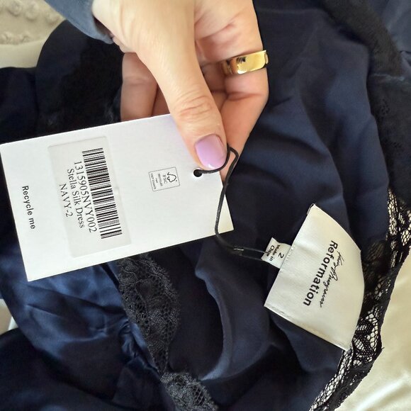 NWT Reformation Stella Silk Maxi Dress Navy Puff Sleeves w/ Tie Lace Details - Picture 3 of 9